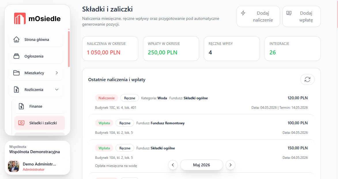 Moduł rozliczeń w panelu mOsiedle, naliczenia i wpłaty