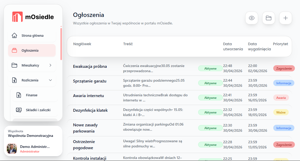 Panel ogłoszeń mOsiedle